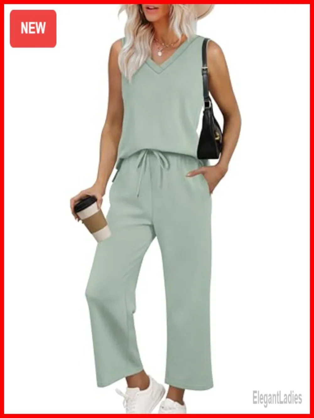V Neck Lounge Matching Sets Two Piece Lounge Set Wide Leg Pants Sleeveless Tank